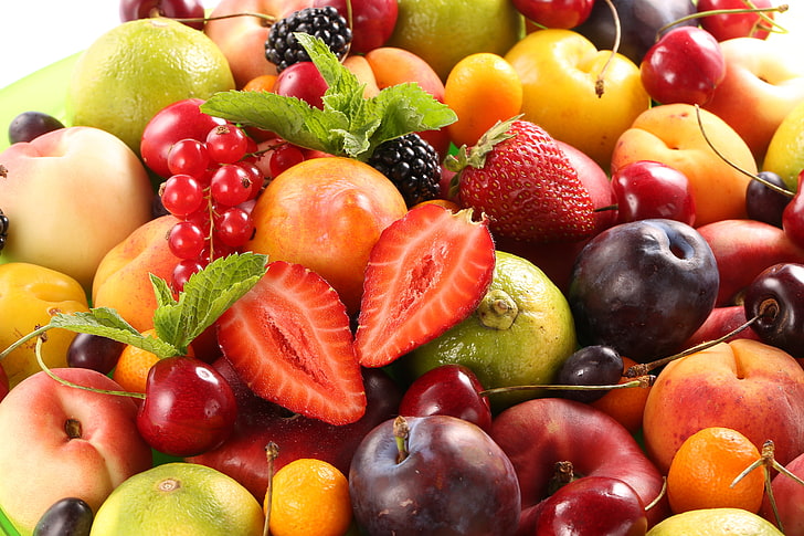 assorted-variety of fruits, berries, strawberry, peaches, plum, HD wallpaper