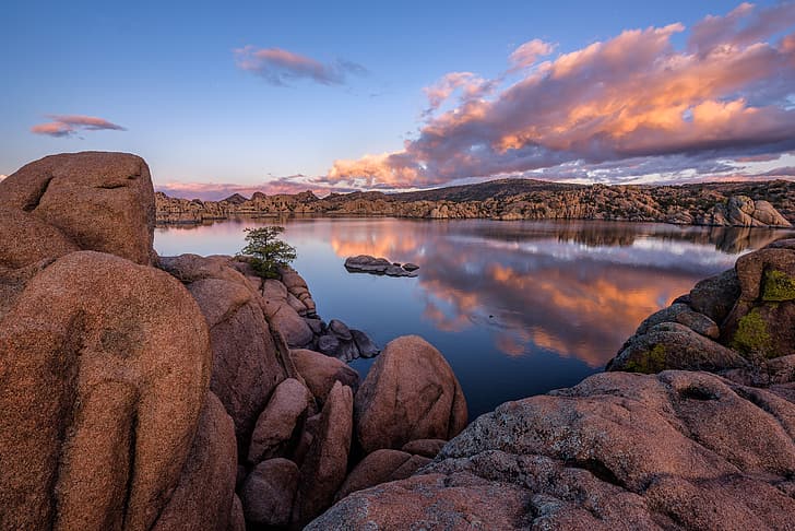 clouds, lake, reflection, stones, rocks, AZ, USA, Arizona, Prescott, HD wallpaper