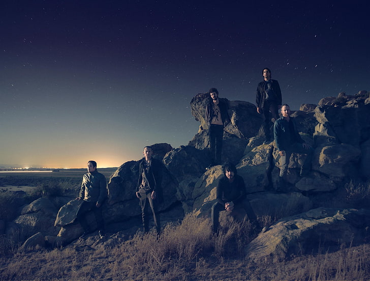rock formations, linkin park, band, men, people, outdoors, mountain