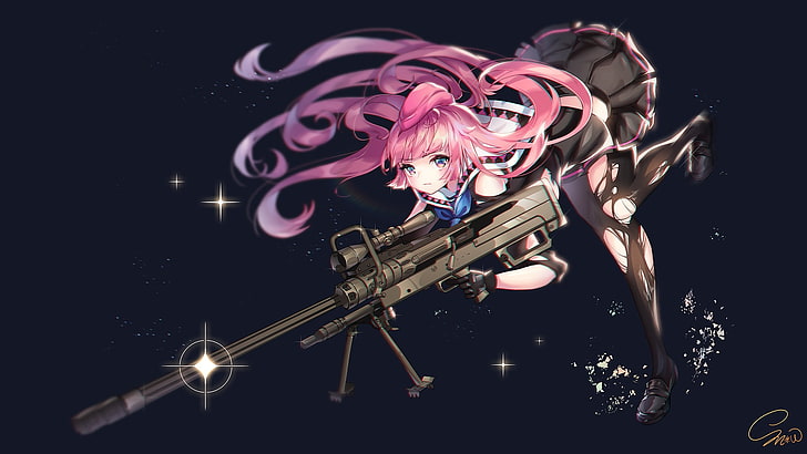sniper rifle, stockings, skirt, pink hair, anime girls, girls with guns