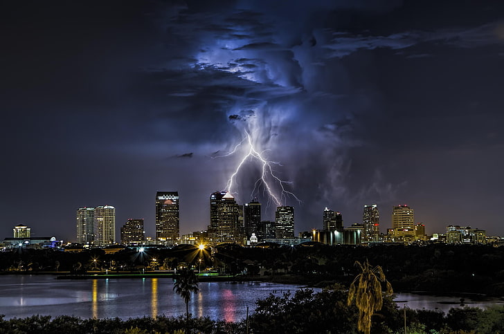 building lot, Tampa, Florida, USA, city, cityscape, lightning, HD wallpaper