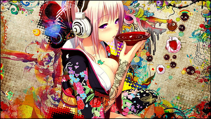 anime girls, short hair, headphones, holding boobs, HD wallpaper