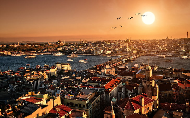 white and brown houses, evening, sunset, turkey, panorama, istanbul, HD wallpaper