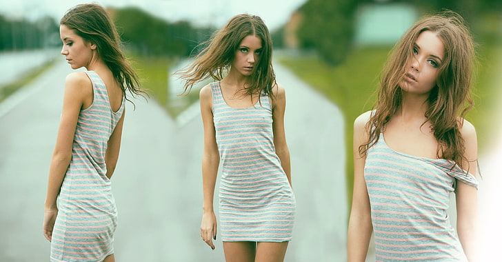 women's gray striped sleeveless short dress collage, model, nipples through clothing