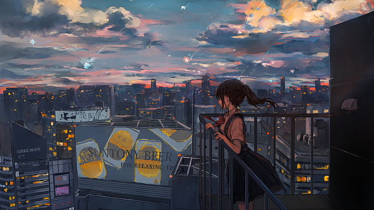 woman holding railing drawing, anime, anime girls, business, cityscape, HD wallpaper