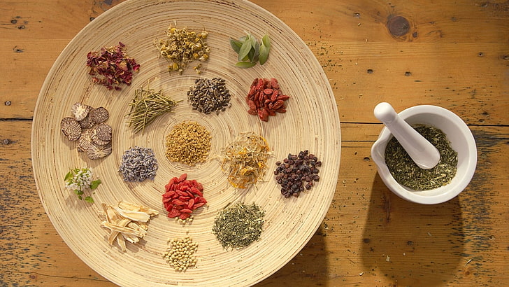 assorted-color spices, herbs, powder, leaf, plate, table, wooden, HD wallpaper