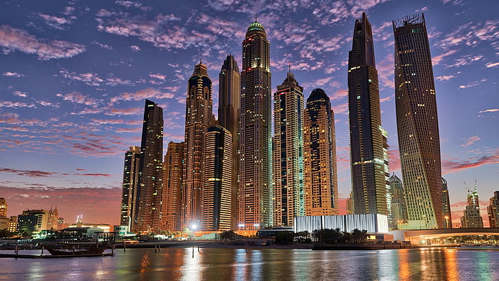 city lights, cityscape, skyscrapers, metropolis, dubai, united arab emirates, HD wallpaper