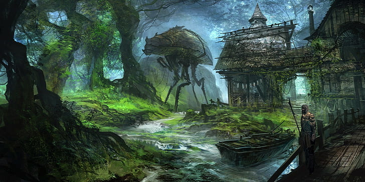 the elder scrolls iii morrowind drawing artwork fantasy art video games river forest concept art trees boat roots feng zhu