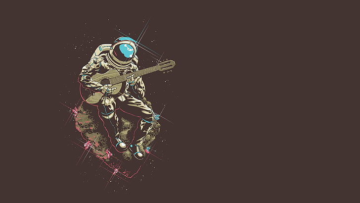 astronaut playing guitar illustration, minimalism, space, asteroid