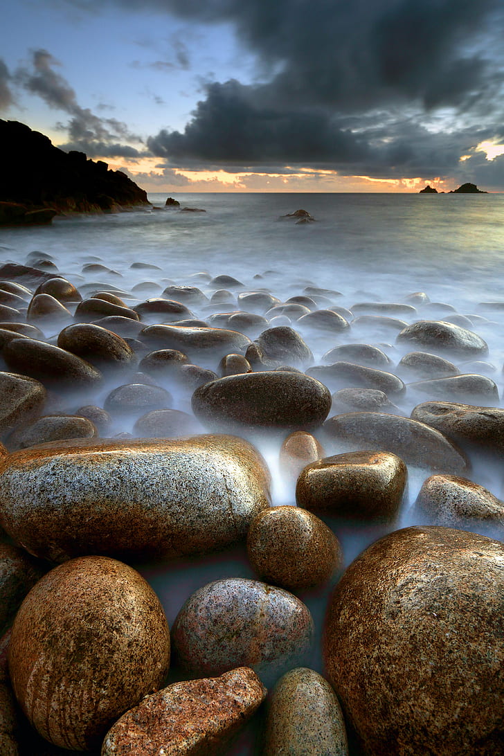 landscape photo of coastal rocks during golden hour, Evening Light, HD wallpaper