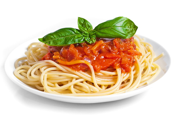 plate of spaghetti, pasta, sauce, greens, food, basil, meal, dinner