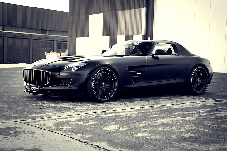 black coupe, car, Mercedes-Benz SLS AMG, mode of transportation, HD wallpaper