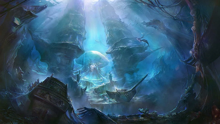 underwater world, ships, sea, girl, light, fantasy art, blue light
