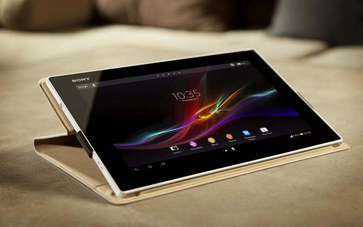 Sony Xperia Tablet Z, white sony tablet with brown leather flip cover, HD wallpaper