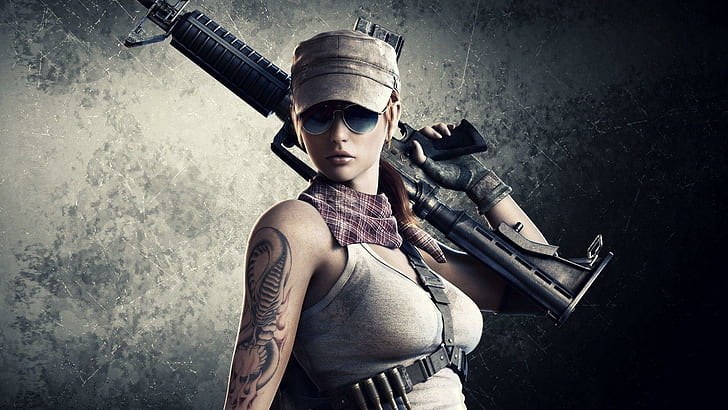 Tattooed woman soldier, point blank viper character, girls, 1920x1080