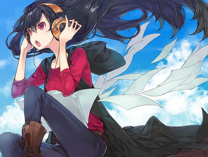 anime girls, headphones, sky, paper, glasses, fashion, women, HD wallpaper