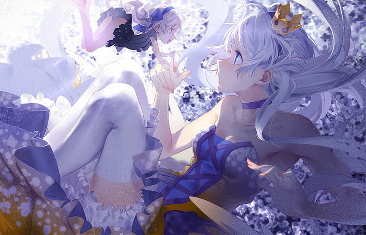 female anime character with white hair in white and blue dress