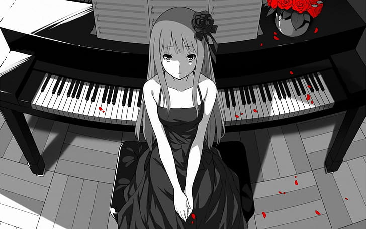 Black,White & Red, piano, anime-girl, rose, blossoms, red-flowers, HD wallpaper