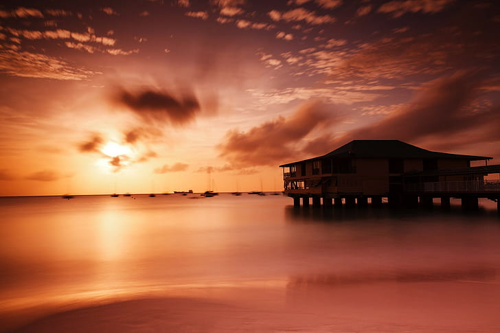 beach, Barbados, boat, calm, clouds, colorful, coast, dusk, HD wallpaper