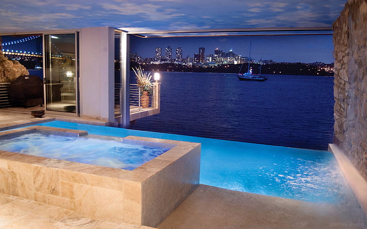 architecture, water, swimming pool, wealth, luxury, illuminated, HD wallpaper