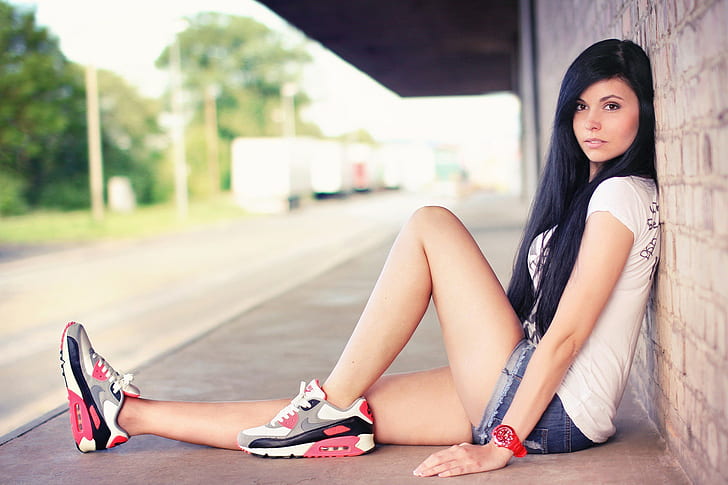 Carina, girl, women's pair of white black and red nike airmax 90, HD wallpaper
