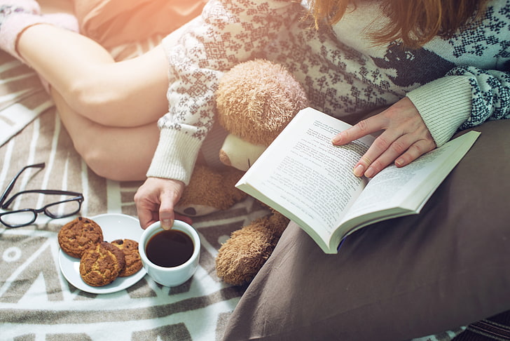 HD wallpaper: coffee, cookies, Girl, Cup, bed, book, reading ...