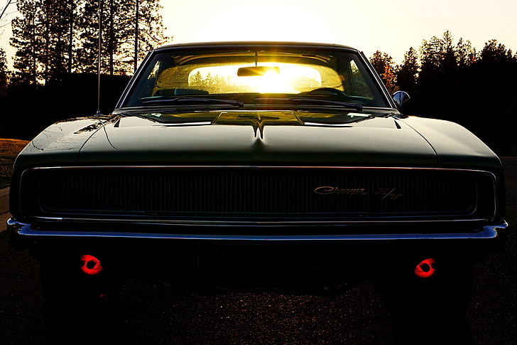 classic black Dodge Charger R/T, the sky, the sun, twilight, the front, HD wallpaper