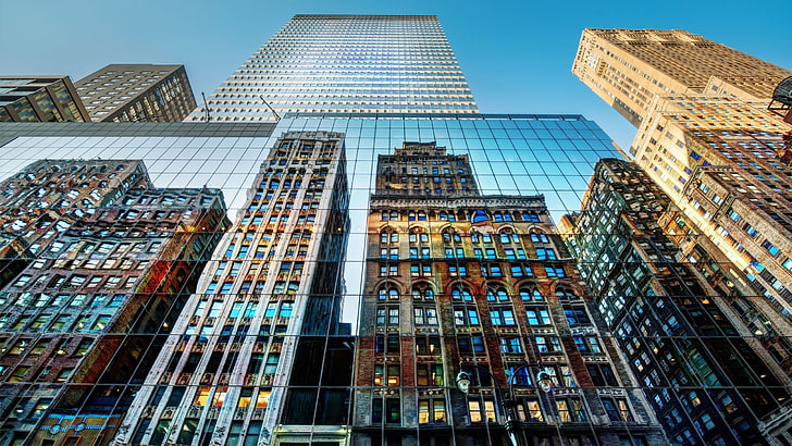 gray concrete building, cityscape, reflection, mirror, New York City