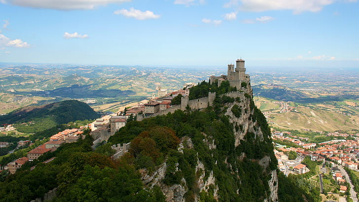 landscape  fortress  birds eye view  cliff  Guaita Fortress  castle  San Marino  horizon  village  nature
