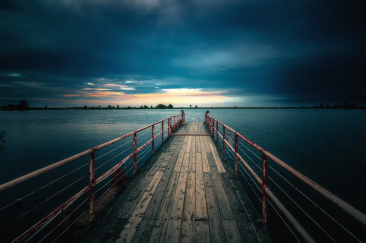 brown and red wooden dock, sea, bridge, nature, pier, water, sunset, HD wallpaper