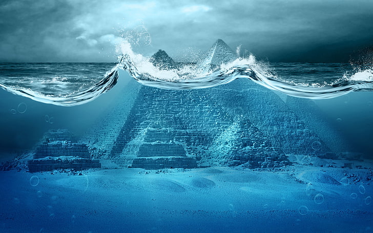 grey pyramids, digital art, water, underwater, waves, bubbles, HD wallpaper