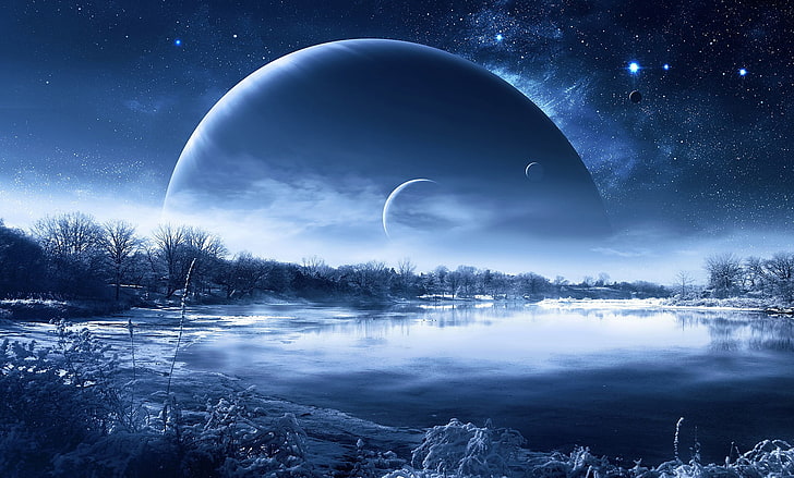 painting of blue moon and planet, stars, galaxy, snow, space art