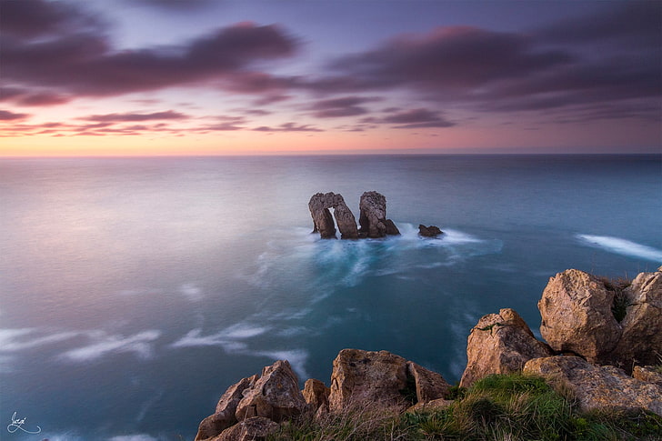 rock formation on body of water, landscape, sky, sea, rock - object, HD wallpaper