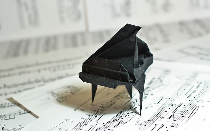 black paper grand piano origami, music, HD wallpaper
