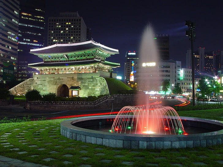gray outdoor fountain, city, cityscape, night, South Korea, architecture, HD wallpaper
