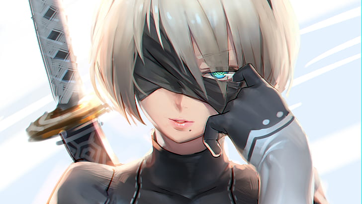 Video Game, NieR: Automata, Blindfold, Blue Eyes, Girl, Glove