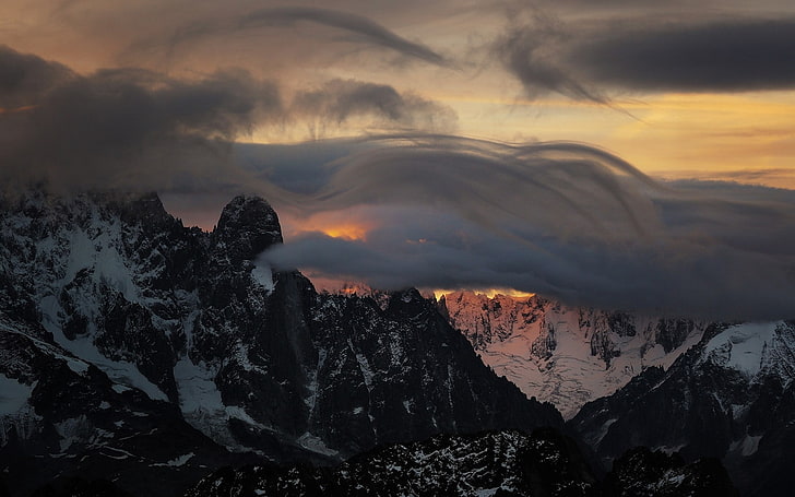 landscape, nature, mountains, Alps, clouds, snowy peak, summit, HD wallpaper
