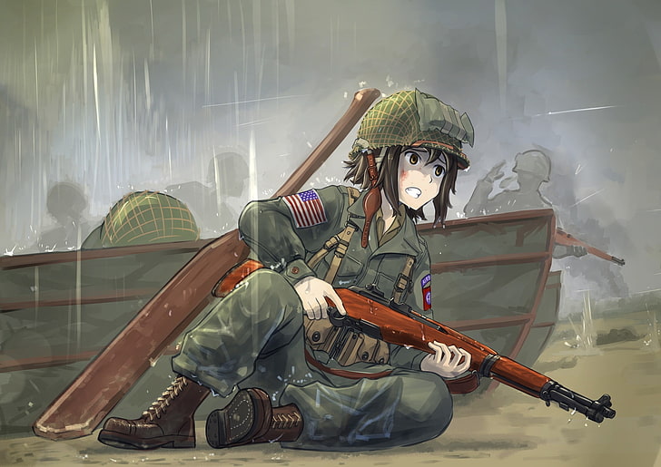 anime wallpaper, anime girls, M1 Garand, World War II, original characters