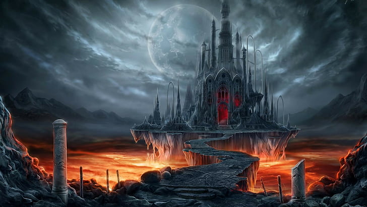 castle illustration, Doomsday Castle, fantasy art, lava, sky