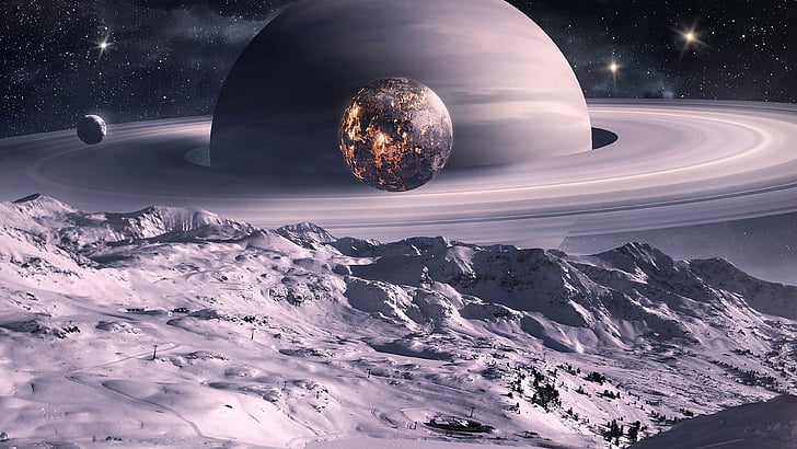surface, planets, fantasy art, snowy, landscape, galaxy, ring