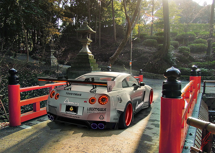 silver Nissan GT-R coupe, car, Nissan GTR, tree, mode of transportation