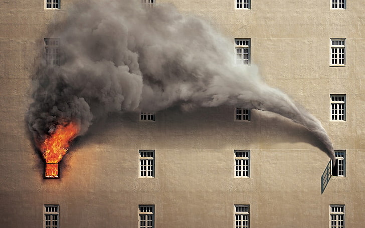 gray concrete multi-storey building, burning, fire, smoke, artwork
