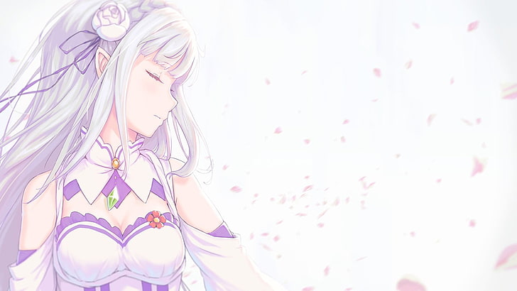 white background, simple background, Emilia (Re: Zero), cleavage, HD wallpaper