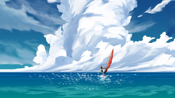 woman riding windsur anime wallpaper, Suisei no Gargantia, sea, HD wallpaper