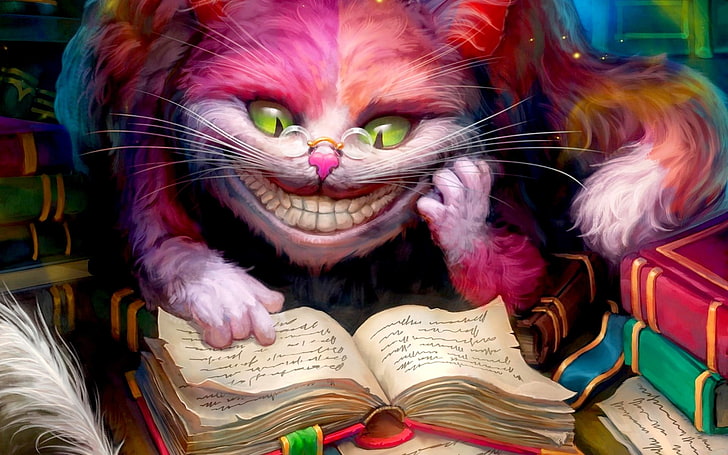 multicolored cat reading book illustration, Alice in Wonderland