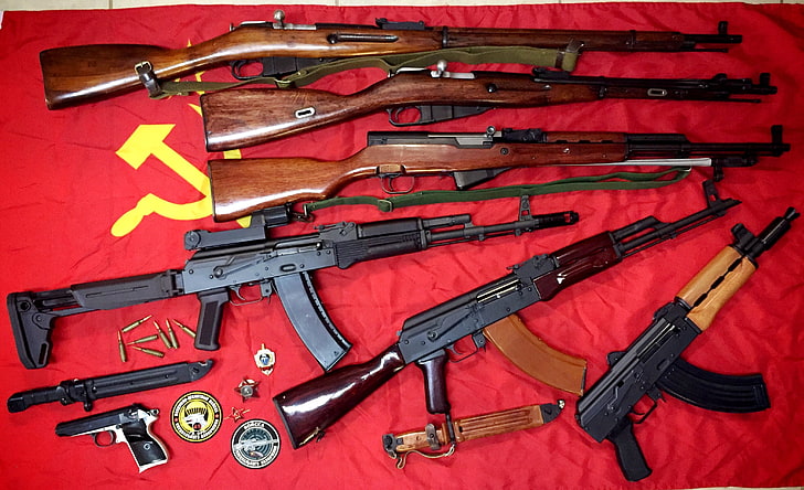 assorted rifles, weapons, flag, Arsenal, Soviet, gun, war, army, HD wallpaper