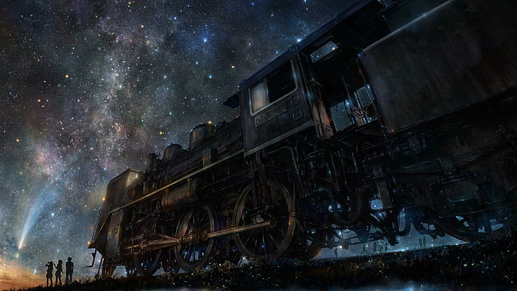 train, starry night, sky, stars, art