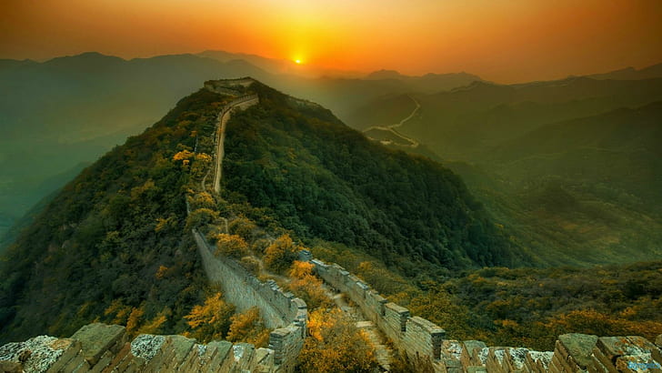 Great Wall Of China Sunset, walls, sunsets, mountains, nature