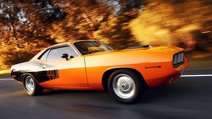 orange Dodge Challenger, car, Plymouth Barracuda, orange cars, HD wallpaper