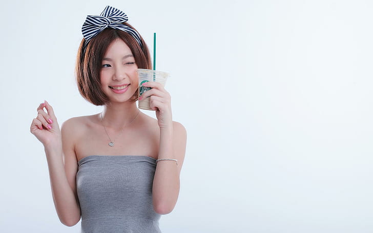 Pretty asian woman drinking coffee, women's gray strapless top, HD wallpaper